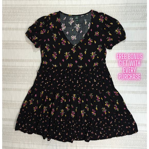 Wild Fable Black Floral Tiered Mini Dress Puff Sleeves Size L - Picture 1 of 6